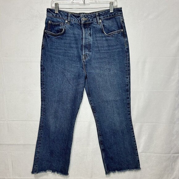 We The Free Crop Jeans Blue High-Rise Button-Fly Raw Hem Sz 31x25 Stretch - Picture 1 of 7